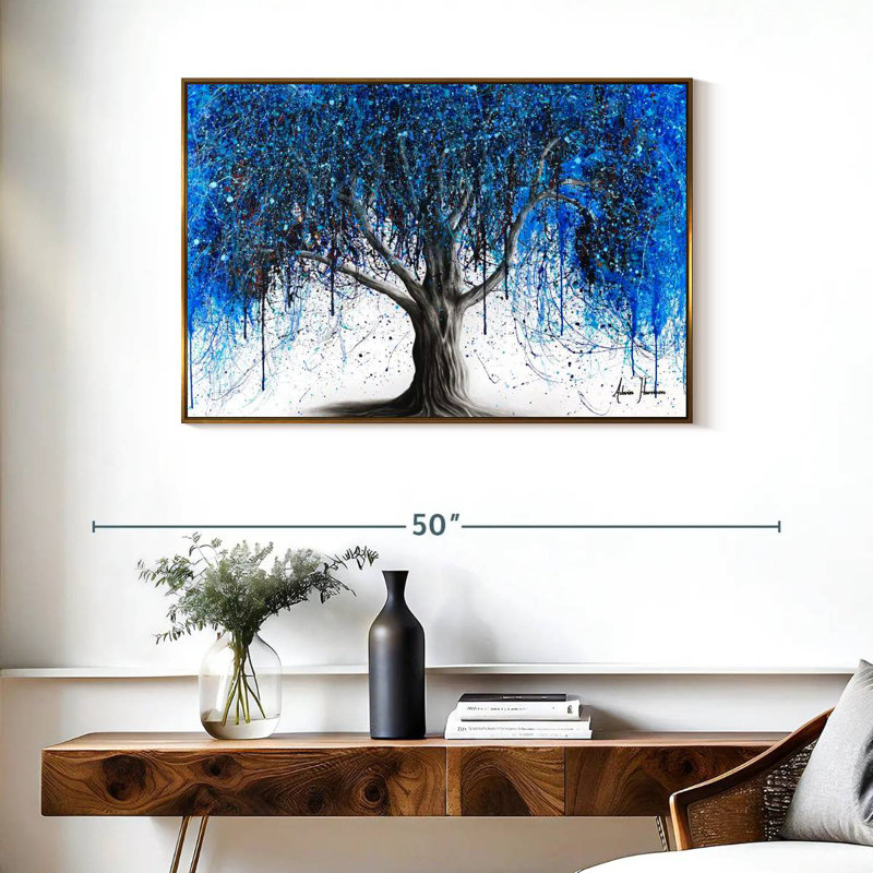 Arbre bleu au clair de lune, Cadre flottant doré, 37 po x 25 po