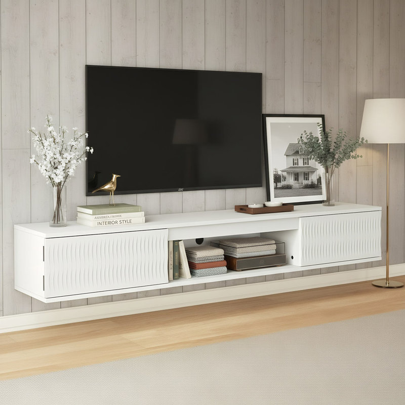 Meuble télé moderne flottant avec rangement mural de 63 po pour meuble télé de 70 po ou moins, White