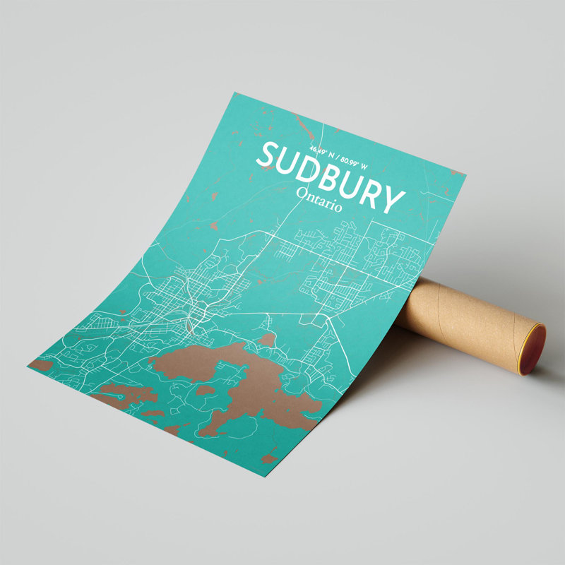Sudbury City Map, impression, H 20 po x l 16 po, Vert / Brun