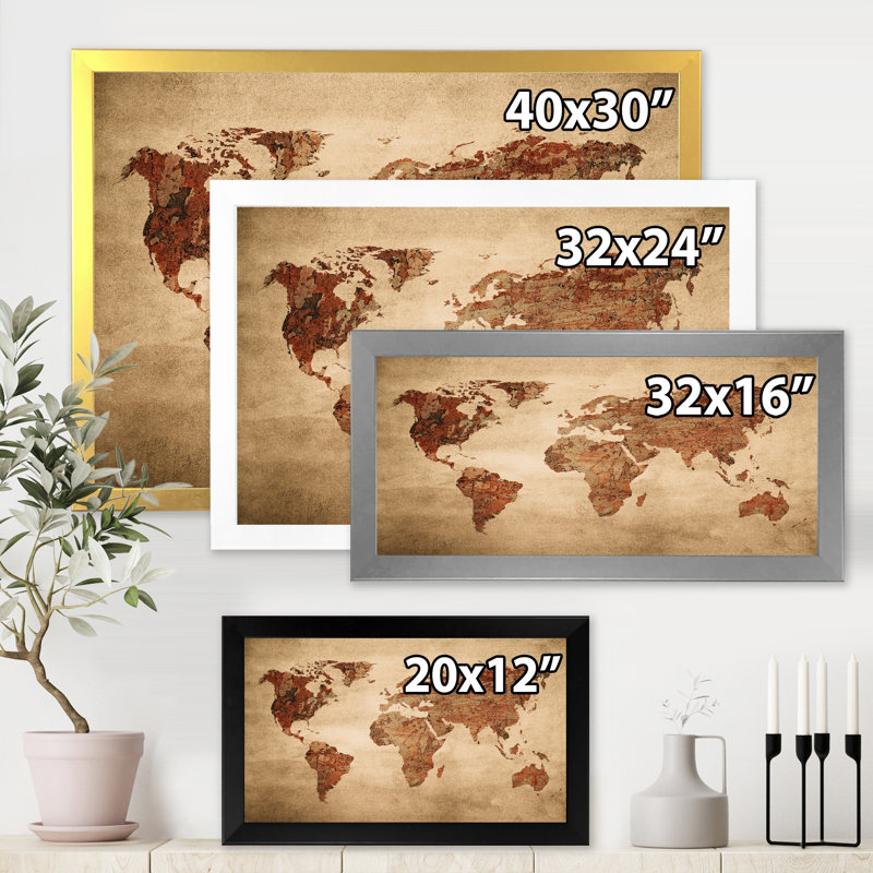 Ancienne carte du monde VII - reproduction d'art sur toile, H 24 po x l 32 po x P 1 po, Doré