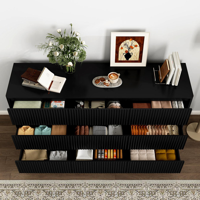 Commode 9 tiroirs pour chambre à coucher avec grands tiroirs, commode en bois de 63 po de largeur, grande commode au sol, meuble télé long et moderne, table d'appoint avec rangement Mid-Century, noir