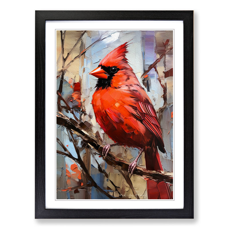 Cardinal Bird Gestural - Single Picture Frame Print on Wood, 34cm H x 25cm W x 2cm D, Black Framed