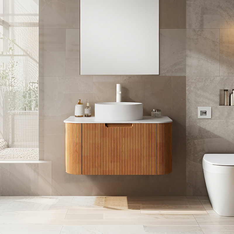 Meuble-lavabo de salle de bain avec lavabo, armoire de rangement murale rayée, Bois naturel, 30"