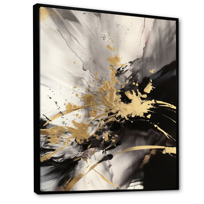 Or et gris fluides fusion II - art mural abstrait, H 20 po x l 12 po x P 1 po, Cadre flottant noir