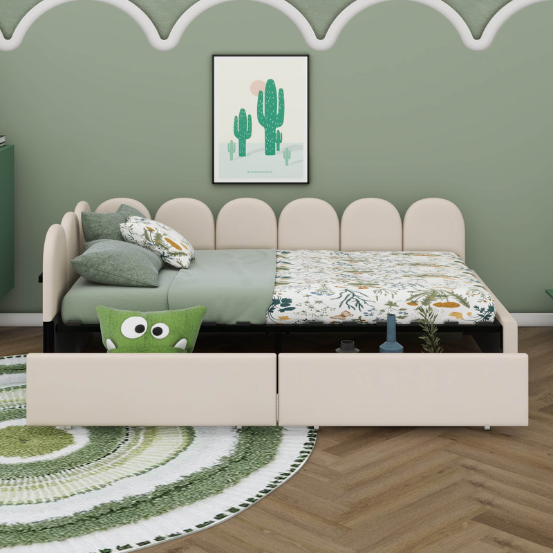 A Twin-Sized Velvet Upholstered Daybed With Two Built-In Drawers, Beige, Twin