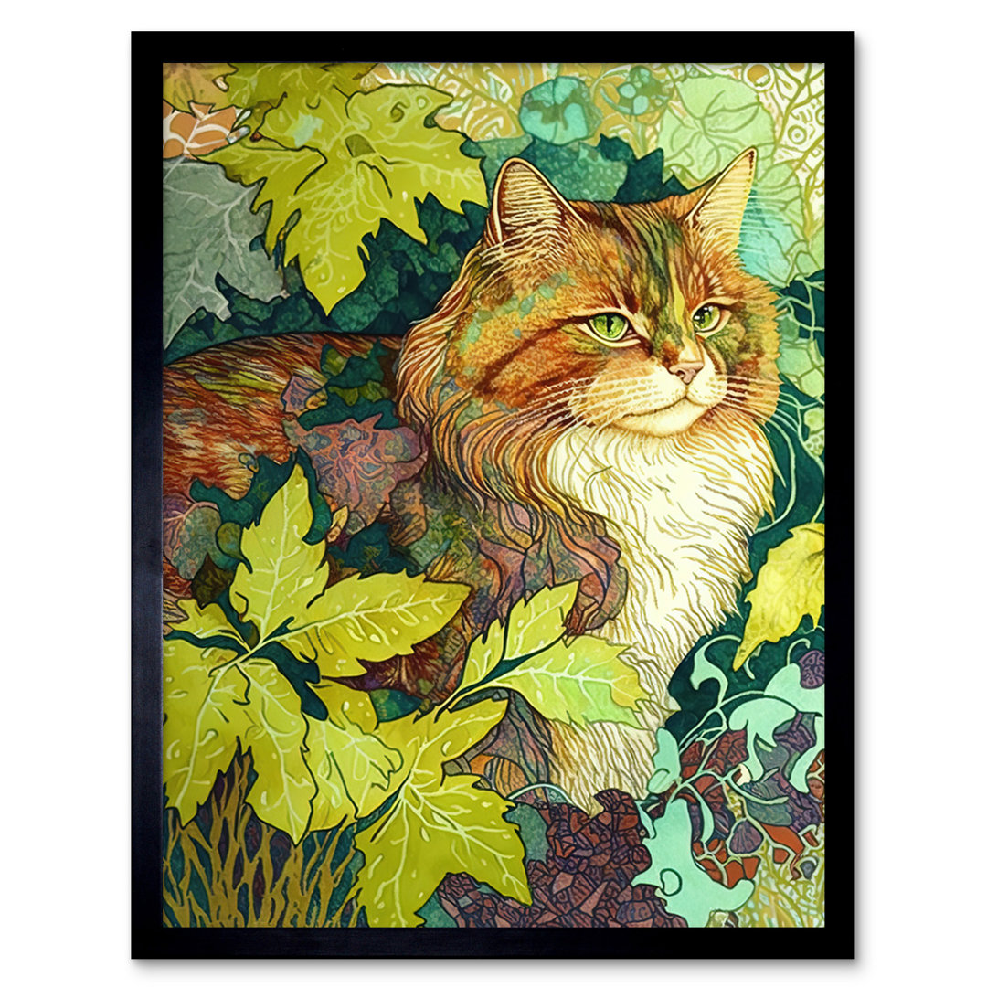 Ginger Cat Hiding in the Bush Tree Modern Colourful - Single Picture Frame Art Prints