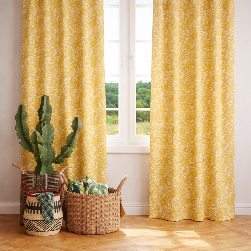 Modern Mid Century Yellow Floral Curtains, 50" W x 96" L