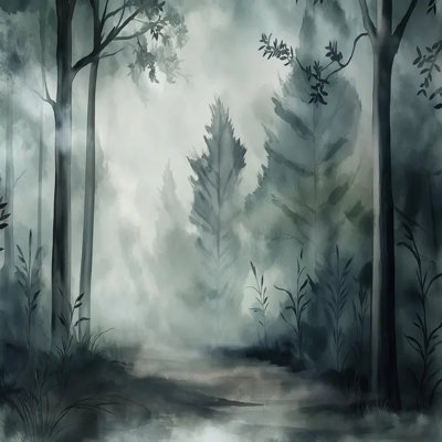 Murale forêt brumeuse, papier peint boisé aquarelle Moody avec arbres brumeux, art mural nature moderne pour le salon, la salle à manger et la chambre à coucher