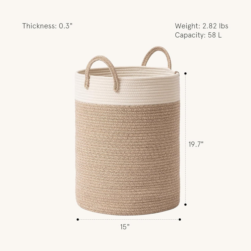 72L White/ Khaki Woven Rope Laundry Hamper, 20" H x 15" W x 15" D