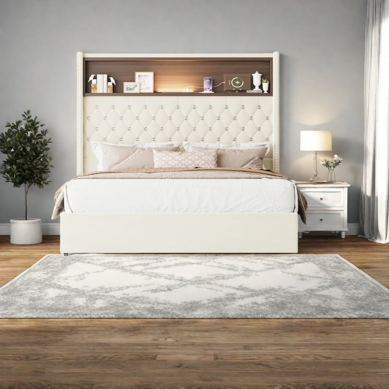 Luxueuse base de lit en velours avec port USB, conception à oreilles beige