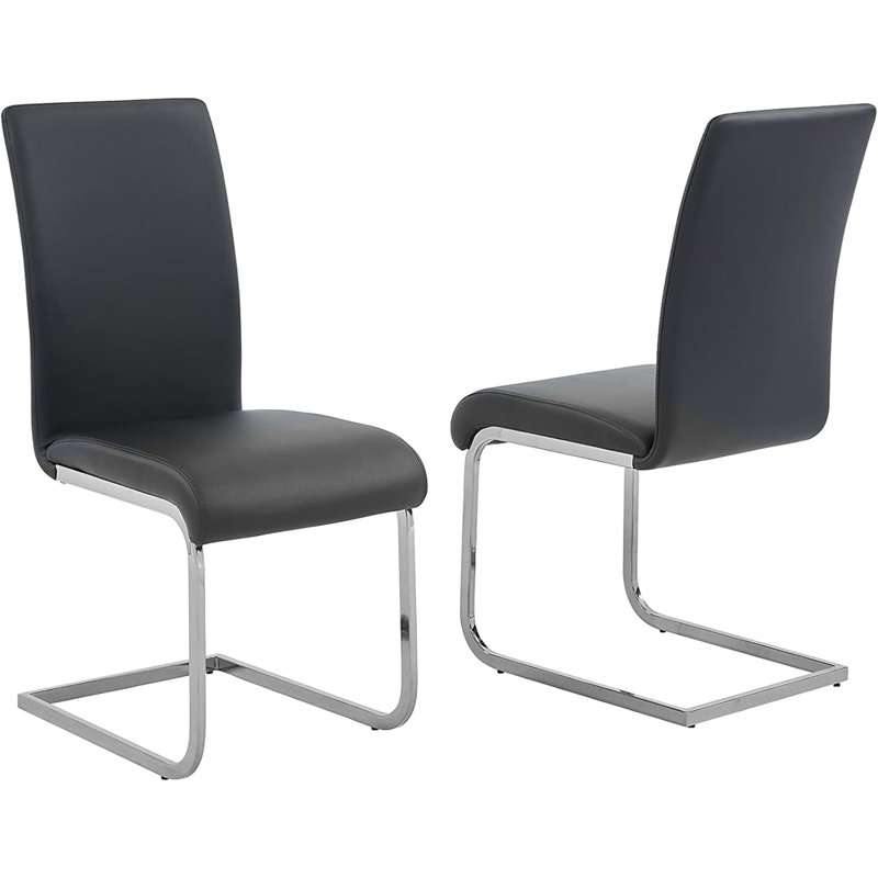 Chaises de salle à manger en simili cuir avec cadre en acier inoxydable, ensemble de 2, noir / argent, Noir et argenté
