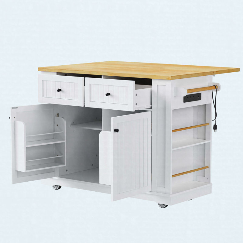 48inch Kitchen Island with 2 Bar Stools, Power Outlet, Door Internal Storage Rack, Kitchen Storage Cart on 5 Wheels with Drop Leaf, 5 Side Racks, 2 Drawers,White