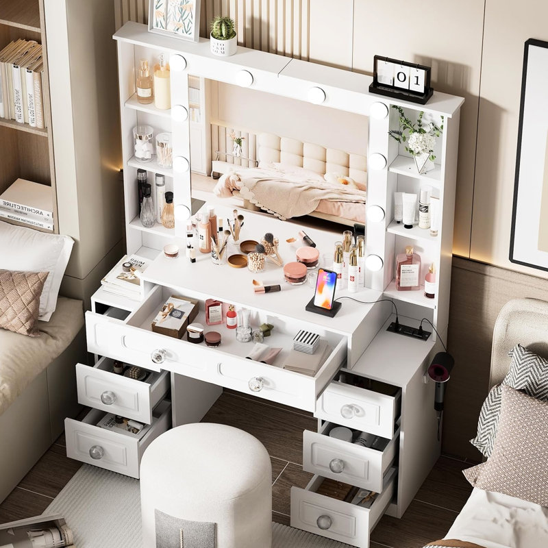 Dressing Table With Lights, Mirror, 7 Drawers, Stool And Brightness - Adjustable Feature For Women Table, Ports, Control, Hair Dryer Holder, Bedroom