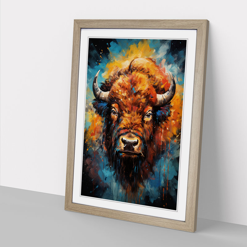 Bison Abstract Art - Framed Print, 34cm H x 25cm W x 2cm D, Oak Framed