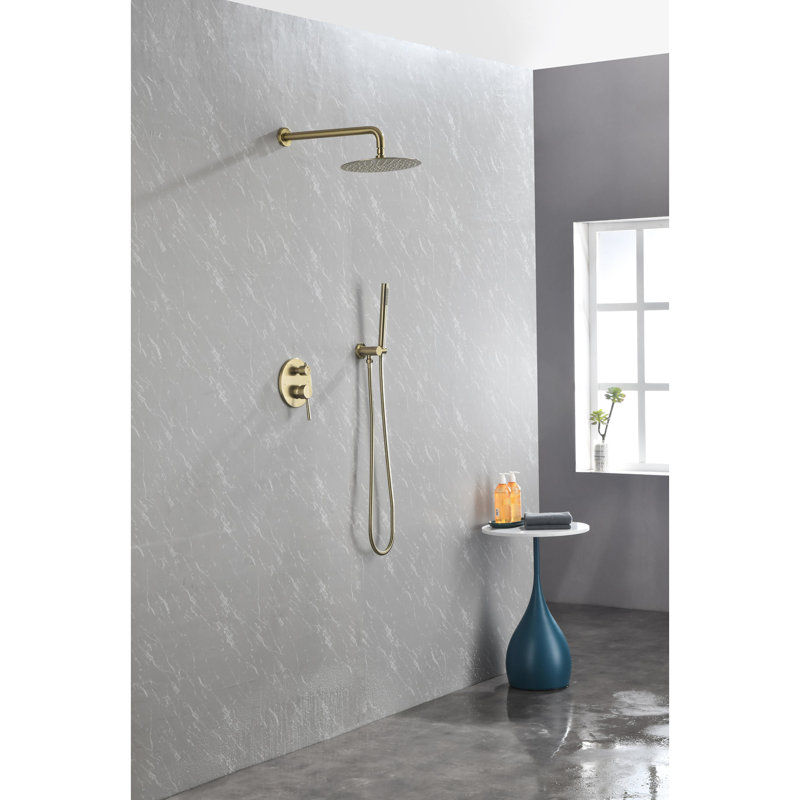 Brushed Gold Shower System For Bathroom, With 10" Stainless Steel Rain Head And Handheld Wall Mounted Faucet , High, Gold