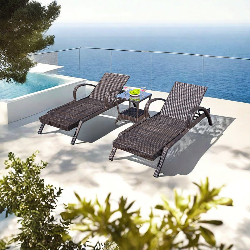 Adjustable Outdoor Recliner Lounge Chair Handwoven Outdoor Wicker Chaise Lounge Set with Table