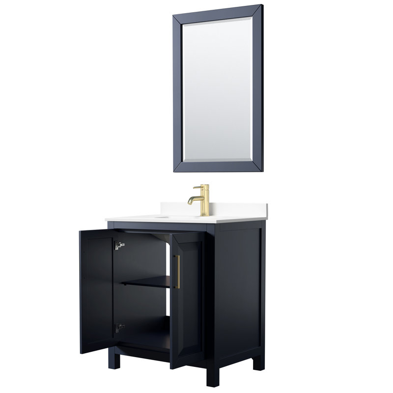 Daria 30'' Single Bathroom Vanity with Marble Top with Mirror, White Cultured Marble, Dark Blue, Brushed Gold