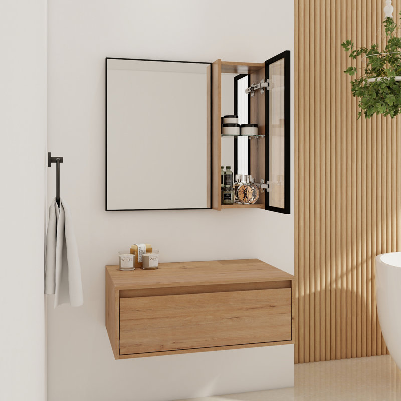 Coiffeuse 30 po avec miroir, porte de rangement en acrylique, imitation chêne