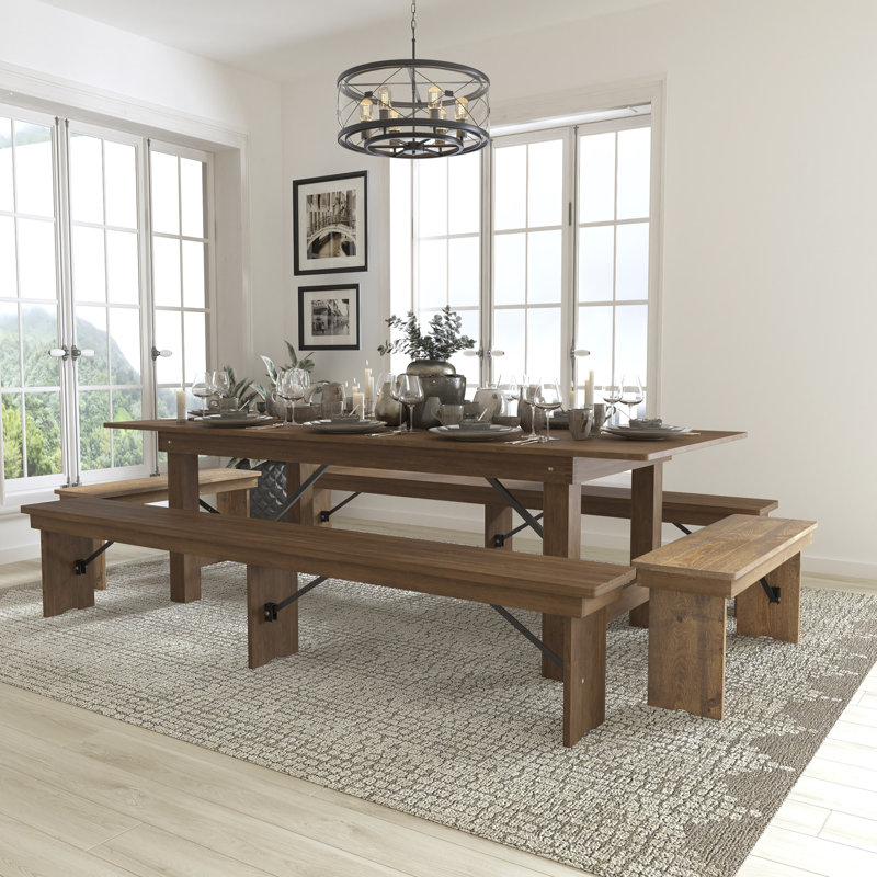 Dejon Ensemble de table de ferme pliable et quatre bancs 8 pi x 40 po Taren, 30" H x 96" L x 40" W, Brown