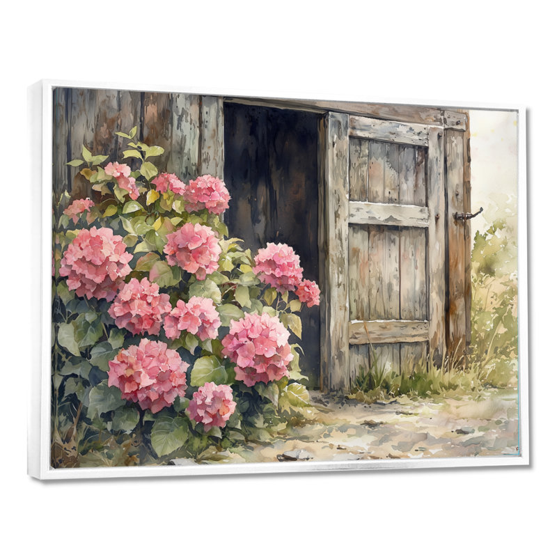 «Donnal Hydrangeas By The Farmhouse Gate I - Hydrangea», art mural, Impression encadrée flottante, H 24 po x l 32 po, Blanc