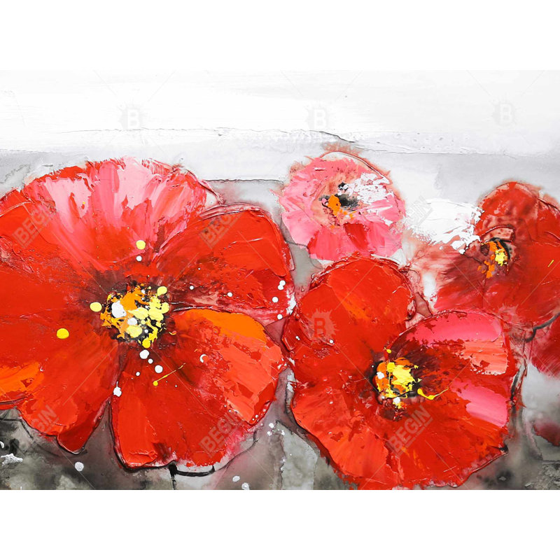 Gray Field with Red Flowers - Botanical Office Canvas Decor