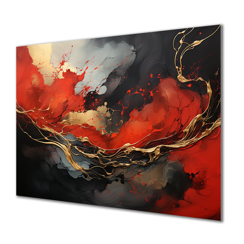 Rouge et or feu de marbre III - art mural abstrait en métal MT137138, H 24 po x l 32 po x P 1 po