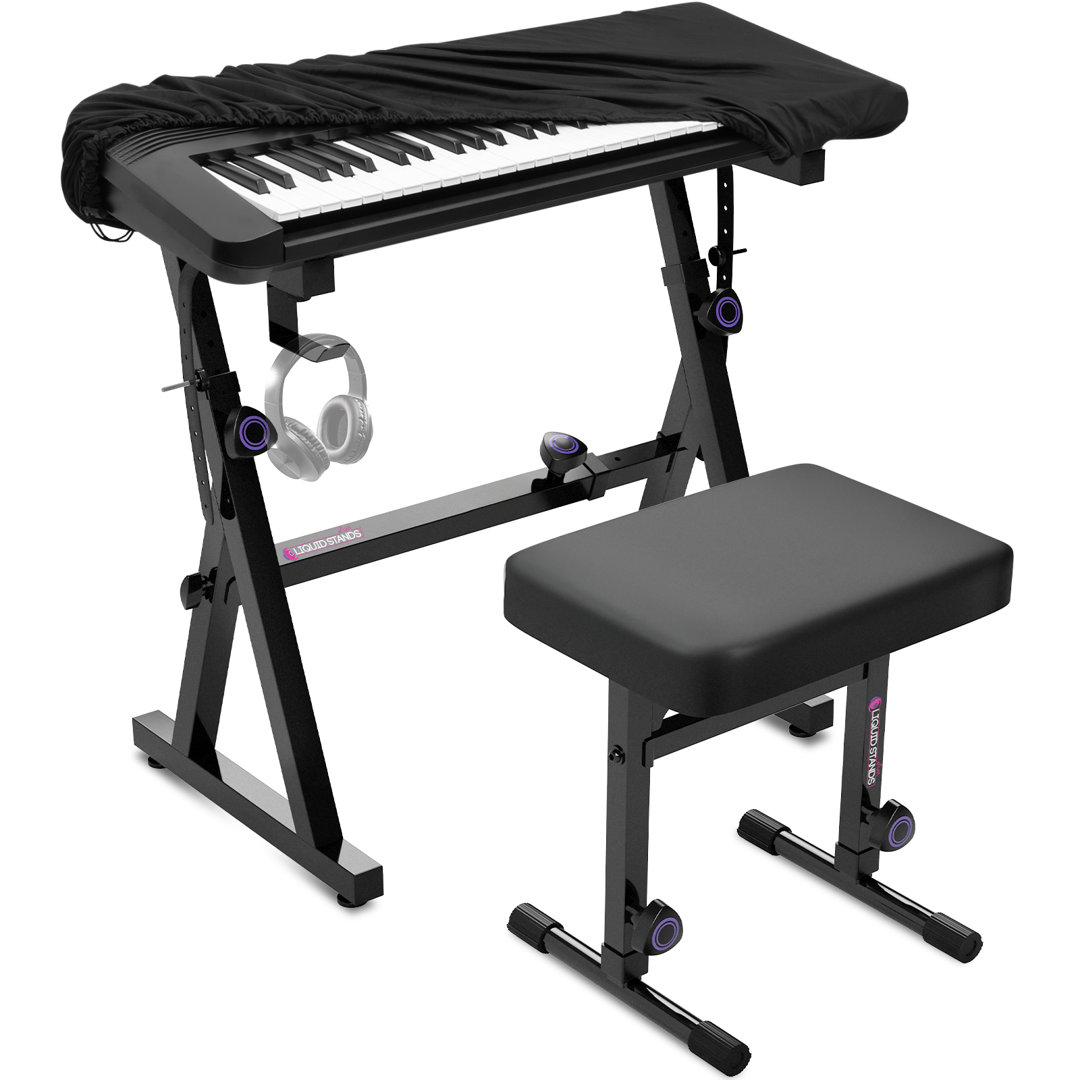 Liquid Stands Piano Keyboard Stand And Bench Set, Piano Cover - Portable Heavy Duty Digital Piano Stand For 54-88 Key Electric Pianos, Adjustable Piano Bench Chair, Stool Keyboard Music Stand And Seat Liquid Stands