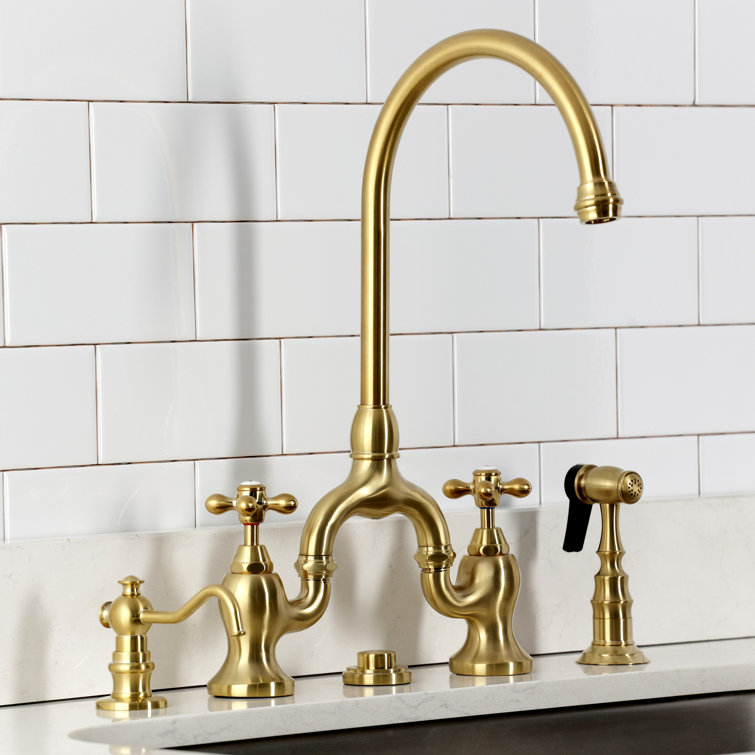 Kingston Brass English Country Two-Handle 3-Hole Deck Mount Bridge Kitchen Faucet with Side Sprayer