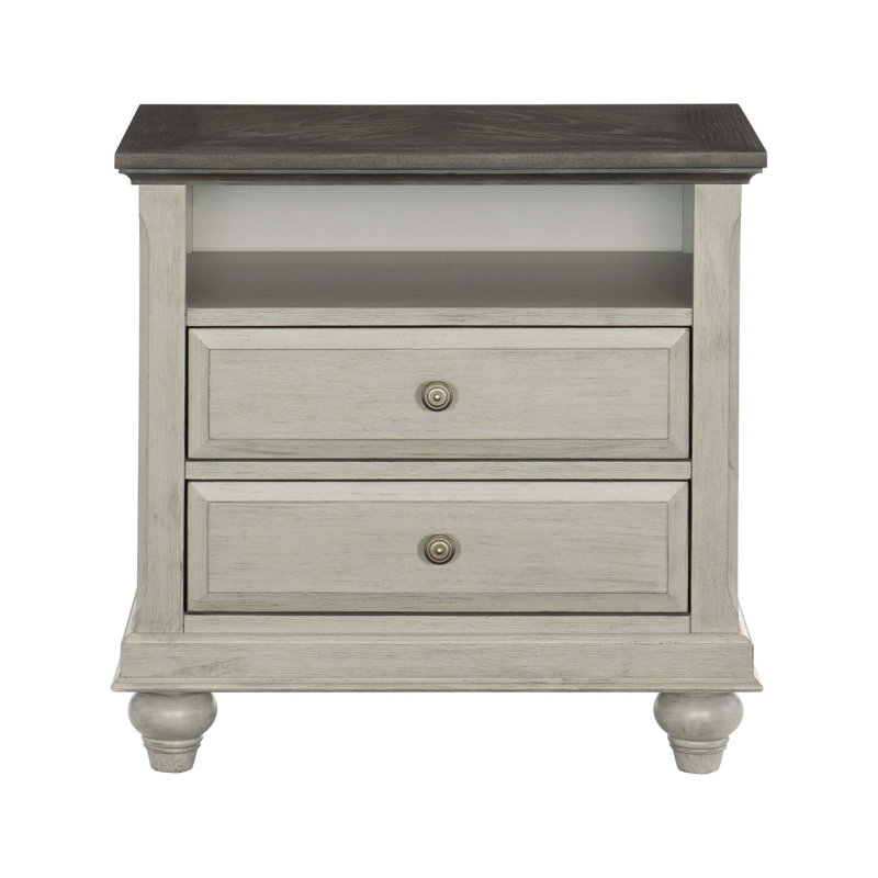 Classic 1Pc Nightstand With 2X Drawers And Storage Cubby Top Modern Farmhouse Design Bedroom Furniture Side Table