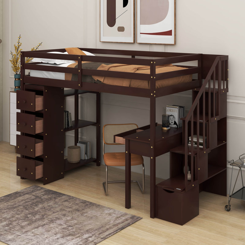 Twin Loft Bed With Drawers,Desk And Stairs, Espresso