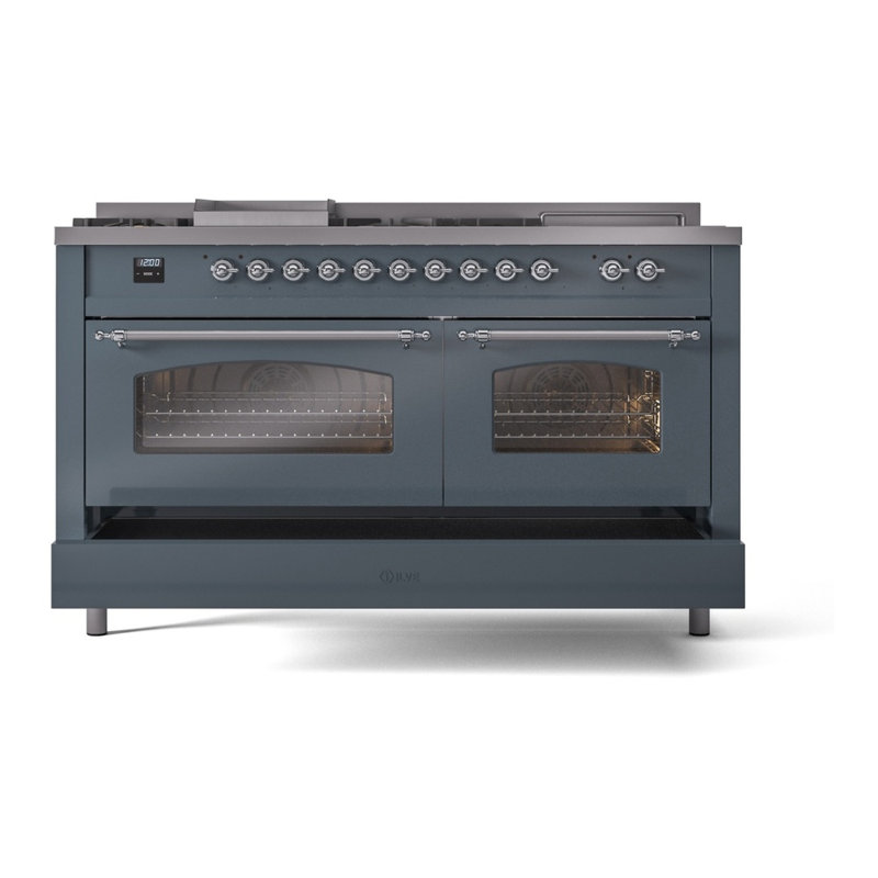 ILVE Nostalgie II 60 Dual Fuel Range, 5 Burners, Griddle, Frenchtop , Blue/Gray/Chrome, Liquid Propane