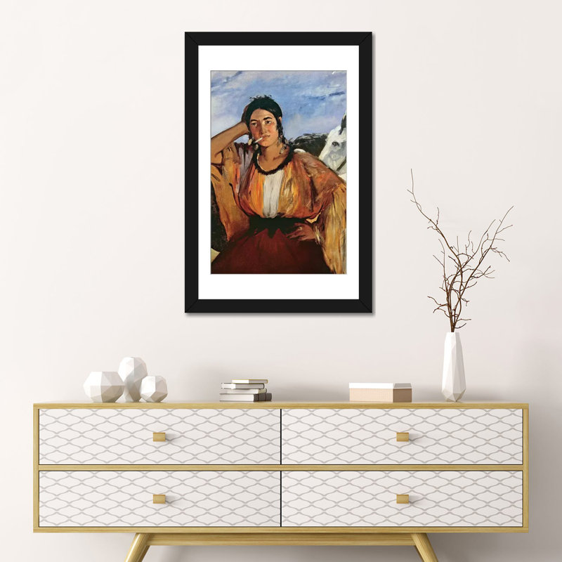 Reproduction d'art sur toile tendue, "Gypsy with a Cigarette", H 24 po x l 16 po x P 1 po, Papier d'art encadré noir, Blanc