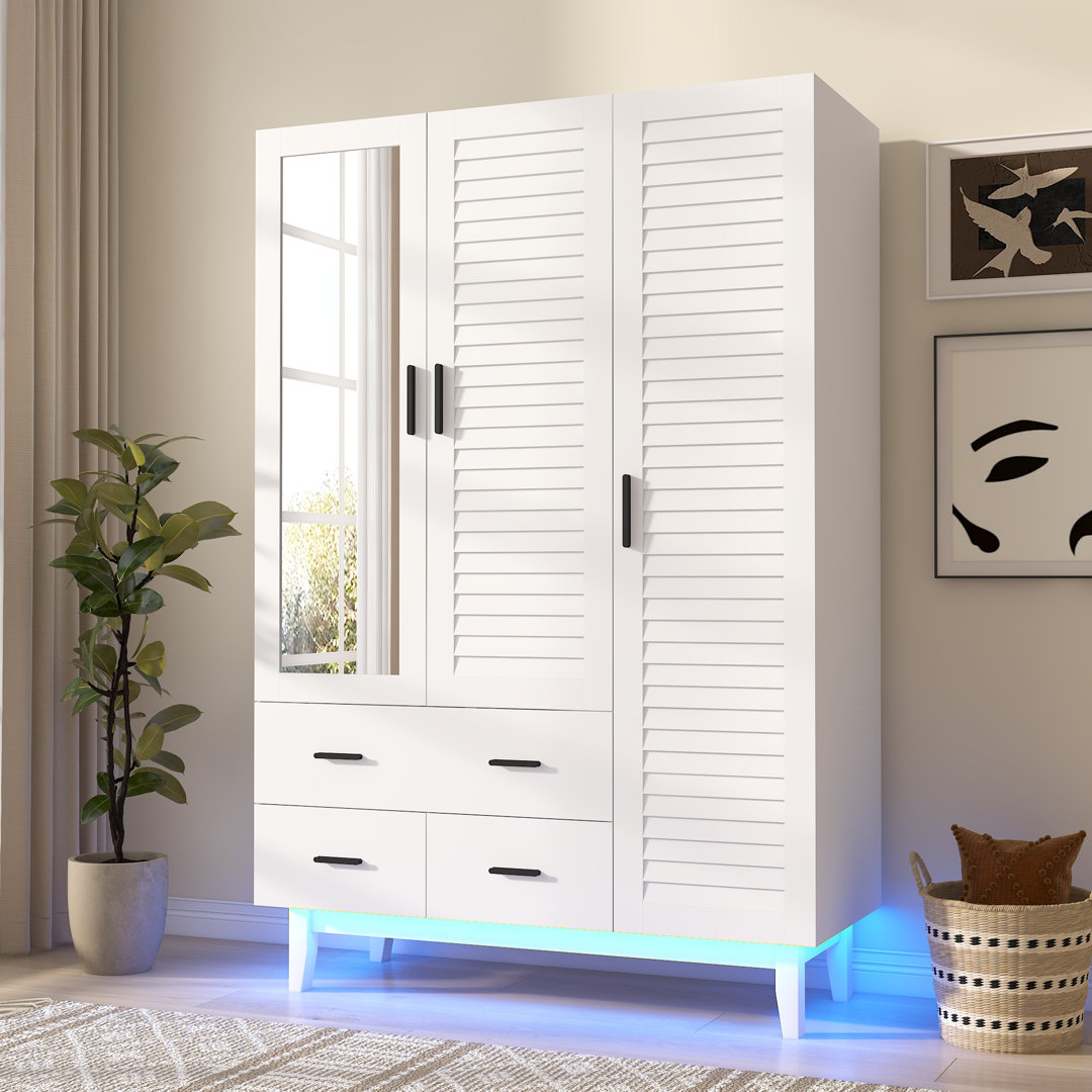 3 Door 71" Armoire Wardrobe With LED Lights, Hanging Rod, Drawers, And Shelves Wrought Studio™ 