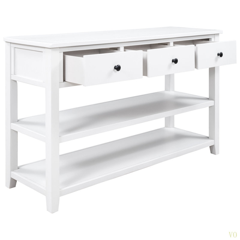 Console rustique avec 2 tablettes ouvertes et 3 tiroirs Cevat, Blanc antique, Blanc antique, H 30 po x l 50 po x P 16 po