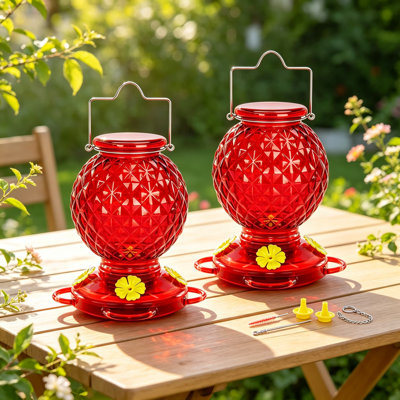 Glass Hummingbird Feeders for Outdoors, Ant Proof and Bee Proof Nectar Feeders with Rustproof and Leakproof Base, Round Garden Décor for Backyard