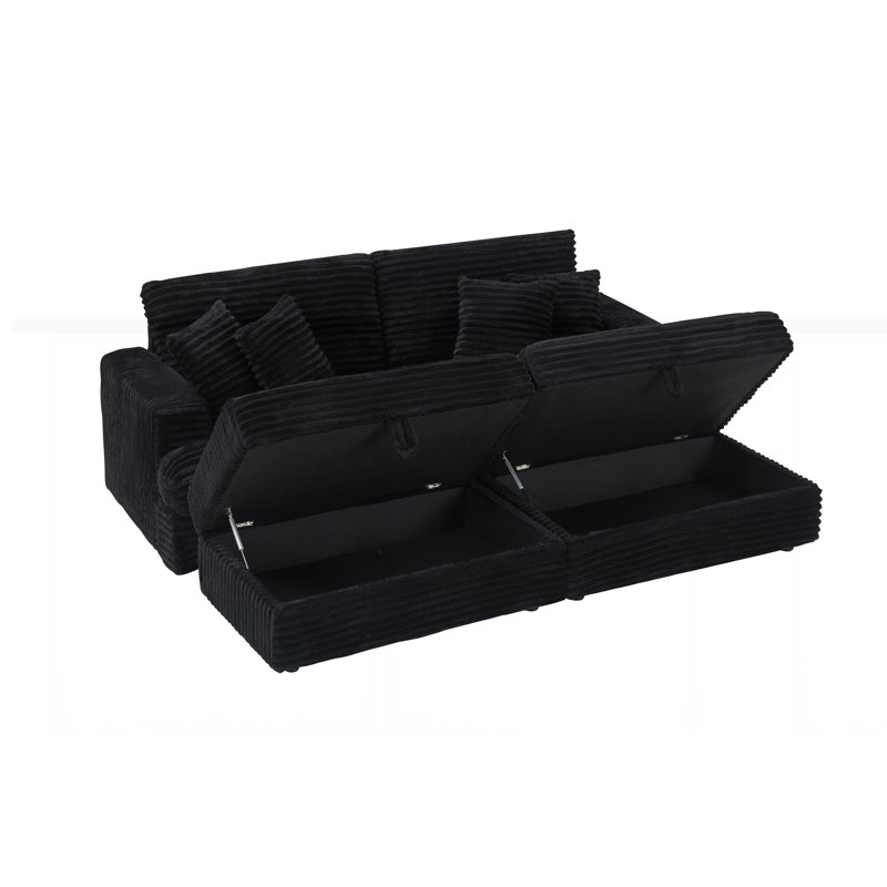 Canapé en velours côtelé de 88,58 pouces avec deux pieds de rangement, Noir, noir, noir, noir