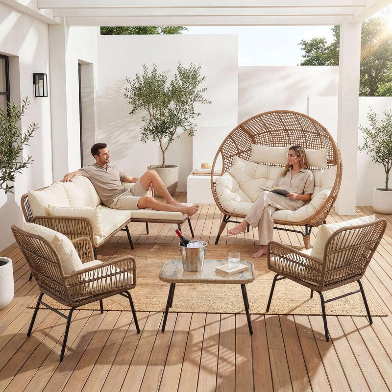 Ensemble de conversation de patio 6 pièces avec fauteuil à œufs pour 2 personnes et table seau à glace Boho