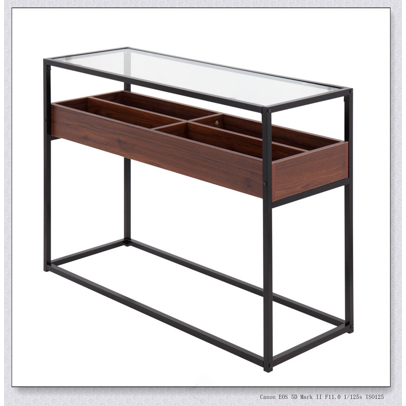 Console contemporaine en métal et verre transparent, Naturel, Noir