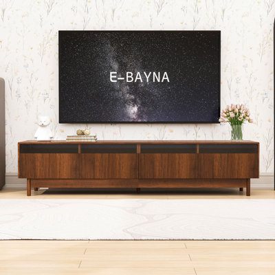 Modern Fluted TV Stand with Glass Drawers, Solid Wood Legs and Safe Rounded Corners