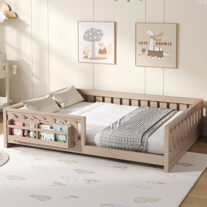 Wood Full Size Platform Bed with Guardrail and Storage Shelves for Kids – Solid Pine Wood, Sturdy, No Box Spring, Natural
