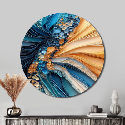 Coastal River Blue Beige Marble Chaos - Abstract Cosmic Round Wall Decor, Fractal Swirls Living Room Wall Art