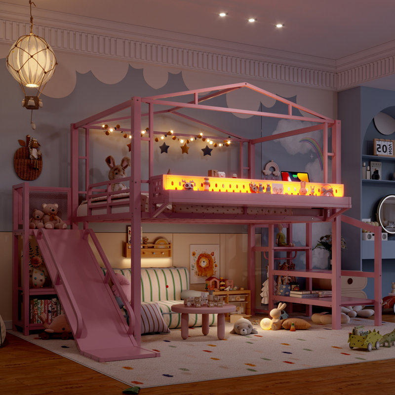 Full Metal Loft Bed with Storage Stairs, Shelves, Built-in Wardrobe, USB Ports and LED Lights, Noise-reduced Design, Full