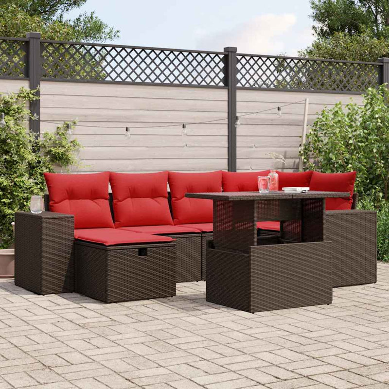 Ensemble de canapé de patio 7 pièces avec coussins en rotin de polyester, Rouge, Brun