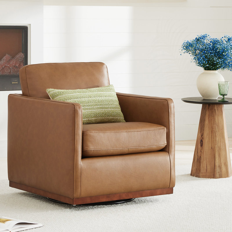 Assiatou Wide Swivel Arm Chair, Saddle Brown Pebbled Genuine Leather