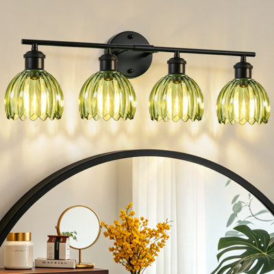 26.3 Inch 4-Light Vanity Light Fixtures In Matte Black With Green Tulip Glass Shades, Modern Bathroom Wall Lighting