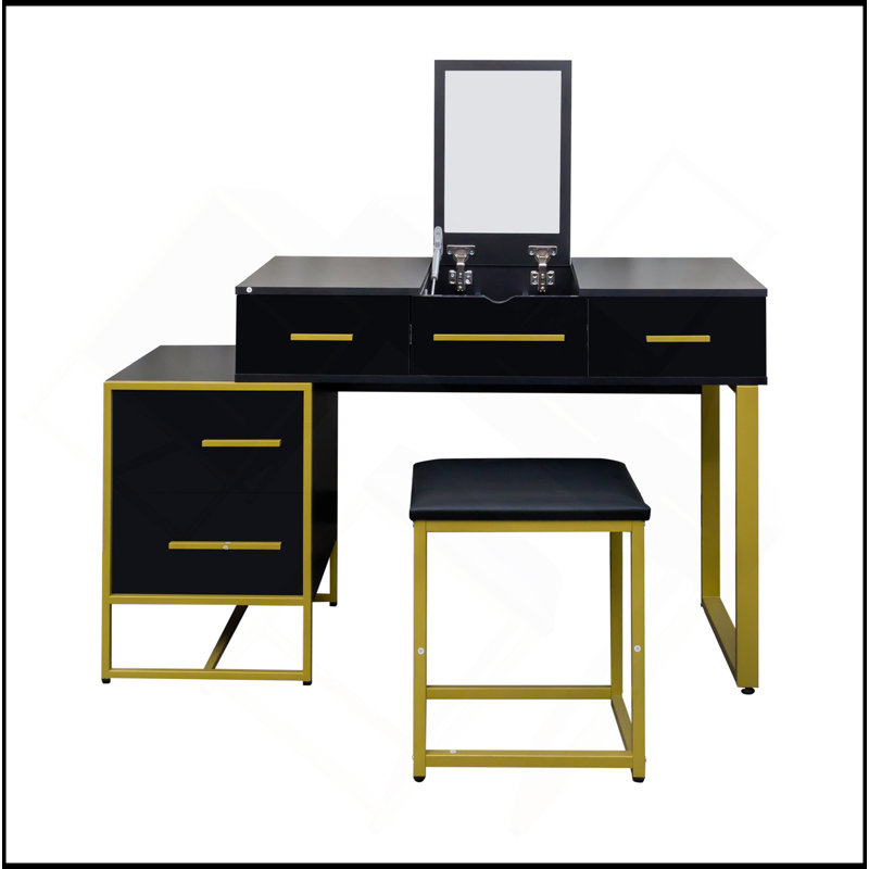 Ensemble de coiffeuse avec miroir, commode avec table de chevet et 4 tiroirs, Noir
