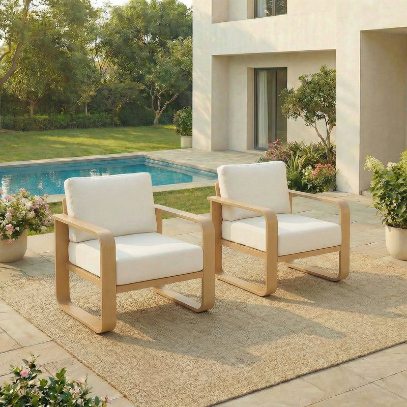 Fauteuil club d'extérieur en aluminium avec coussins, Coussin beige / Cadre en bois naturel