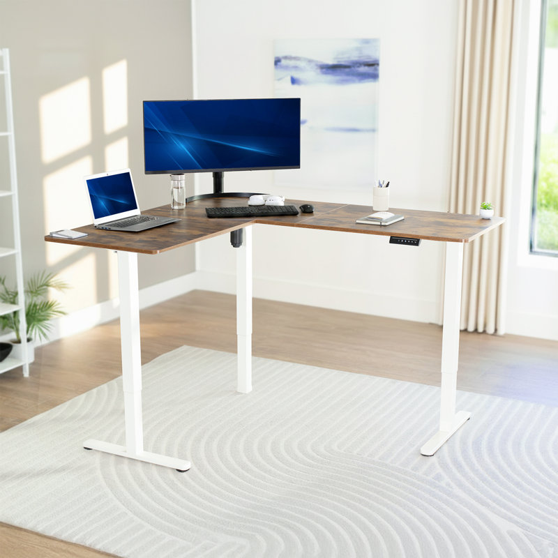VIVO Electric Corner Standing Desk, Vintage Brown/White, 55" x 63"