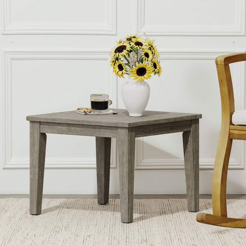 Table d'appoint grise d'extérieur en bois d'acacia - Carré 20 po, conception à profil bas (h 15,75 po) pour patio / balcon