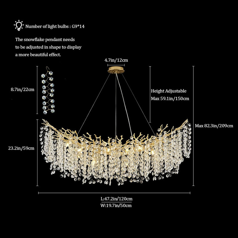 Lustre moderne en cristal K9, Doré, H 17,72 po x l 47,24 po x P 19,69 po , 14 lumières 